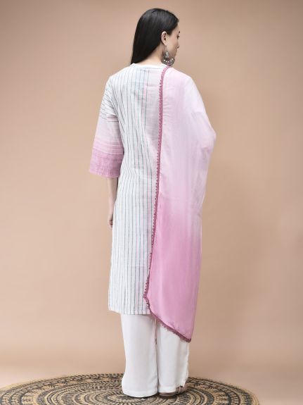 Shree Women Cotton Off White Yarn Dyed Kurta Comfort Pant Dupatta